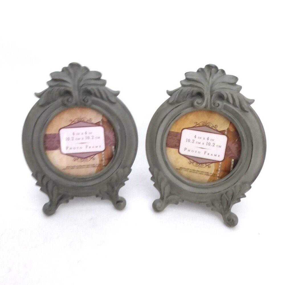NEW 4” x 4” ROUND RUSTIC PHOTO FRAME SHABBY CHIC EASEL BACK SLATE SET OF 2